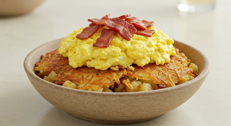 A hearty Breakfast Hashbrown Bowl filled with crispy hashbrowns, fresh veggies, and savory toppings, creating the perfect morning meal