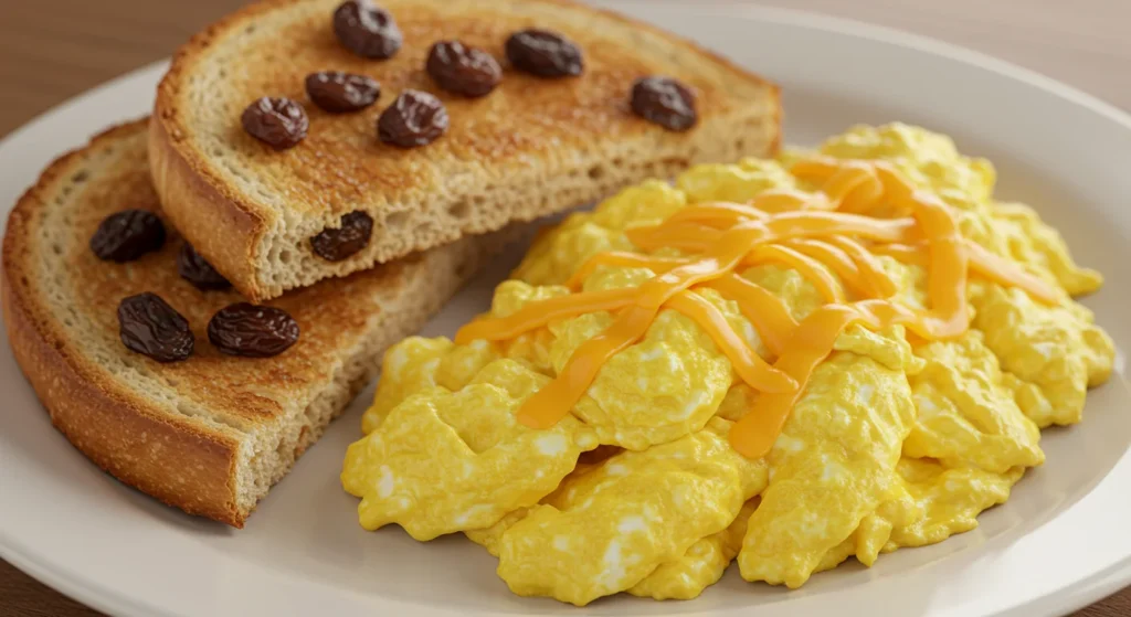 A plate featuring creamy scrambled eggs with melted cheese, paired with sweet and buttery raisin toast for a balanced breakfast
