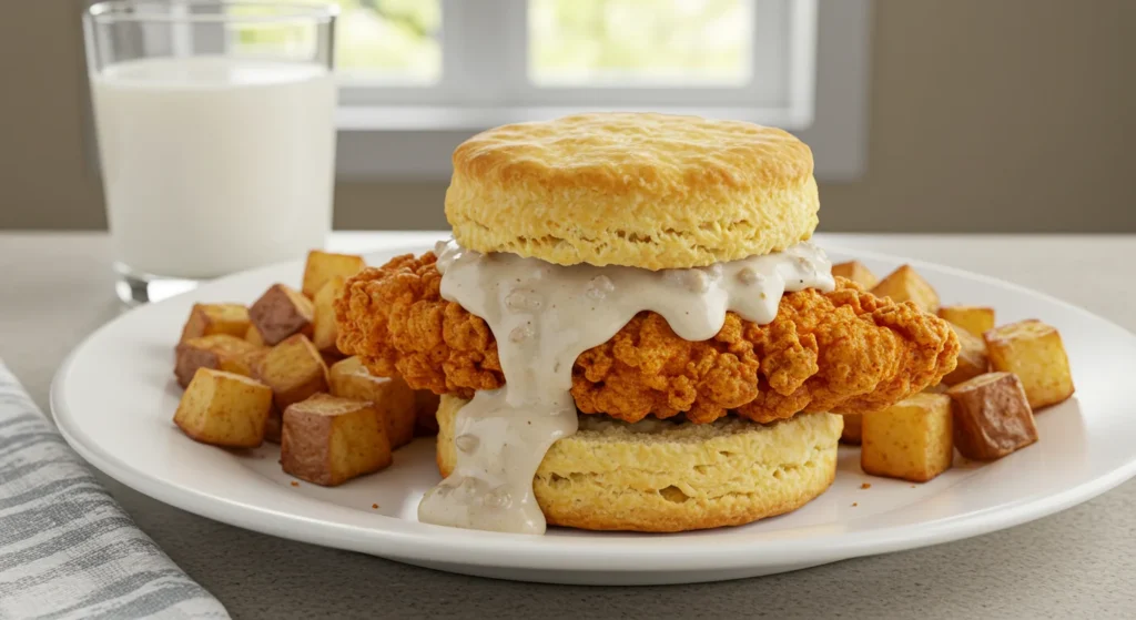 A tender, golden biscuit topped with a crispy fried chicken breast, creating the perfect blend of flaky and savory.