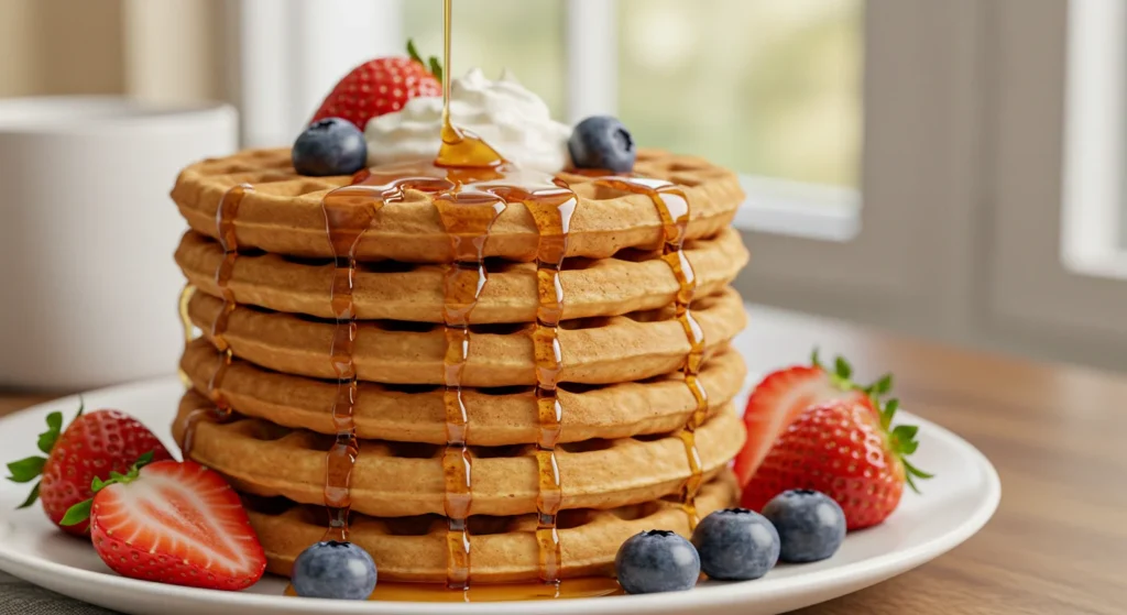 Golden, crisp classic waffles topped with a dusting of powdered sugar, perfect for a sweet and indulgent breakfast.