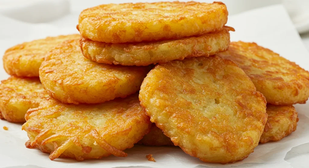 Crispy, golden-brown hashbrowns, perfectly cooked to a satisfying crunch, served as a classic breakfast side