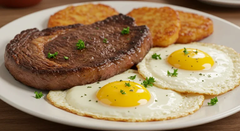 A delicious plate of tender steak paired with perfectly cooked eggs, offering a hearty and satisfying breakfas