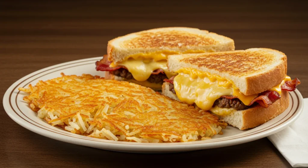 A hearty Texas Breakfast Melt filled with melted cheese, scrambled eggs, and savory ingredients, served alongside crispy hashbrowns