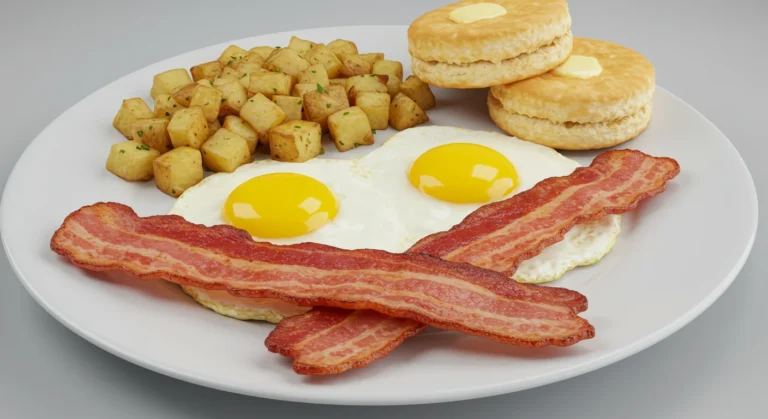 A satisfying breakfast plate featuring two perfectly cooked eggs and a side of crispy, savory meat