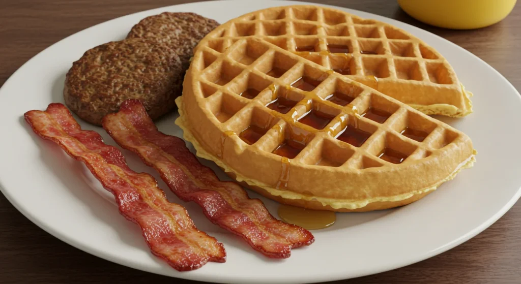 A golden, crispy waffle served with a side of savory meat, offering a perfect blend of sweet and salty flavors